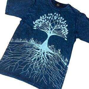 Rising International T-Shirt Mens M Blue Tree of Life Acid Wash Cotton Graphic
